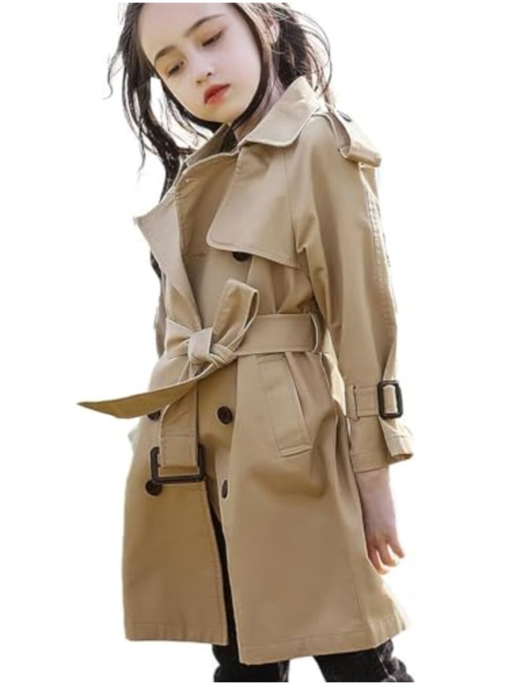Girls Cotton Trench Coat with Belt Lightweight Windbreaker Long Sleeve